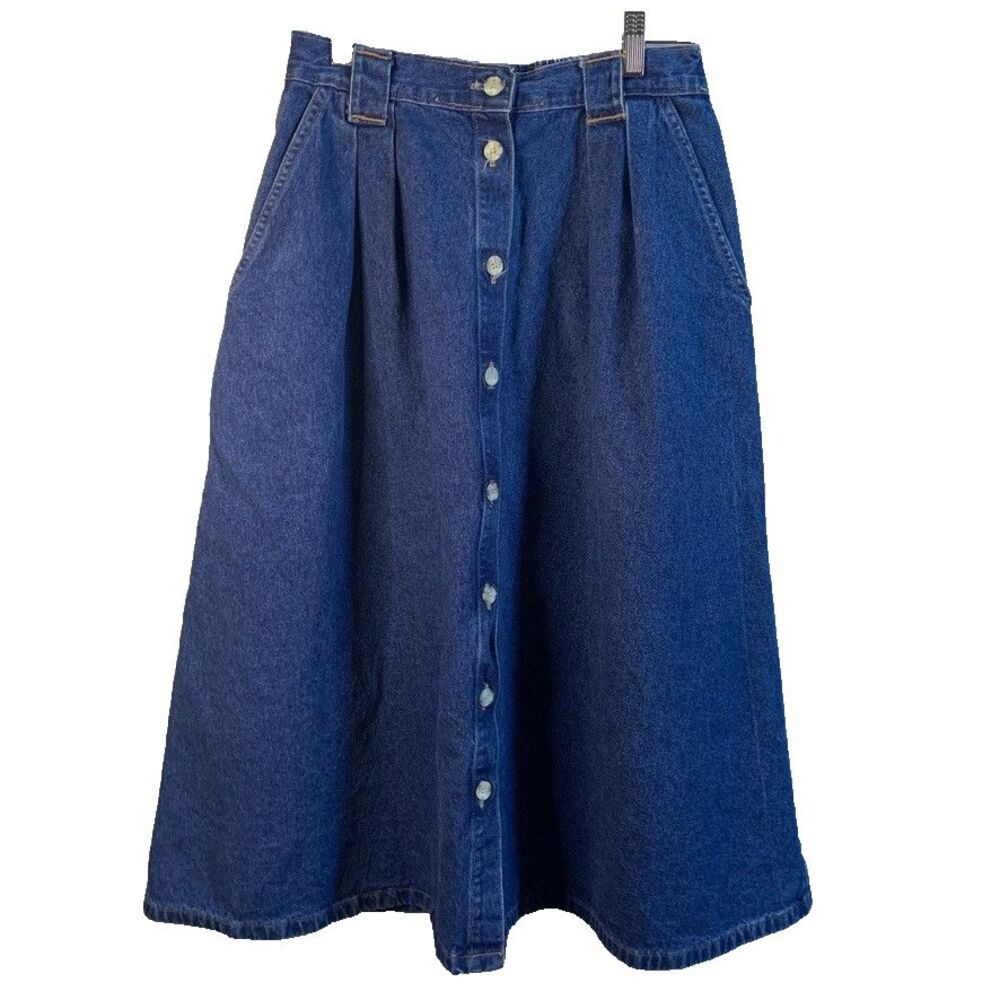 Vintage Denim Midi Skirt Size 10 Pockets Elastic Waist Pleated Jeans Wear 80s